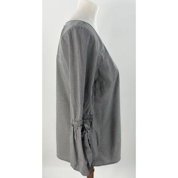 J.Crew Women’s Gingham Bell Sleeve Blouse Top Black White Check Size M Cotton - Picture 4 of 9